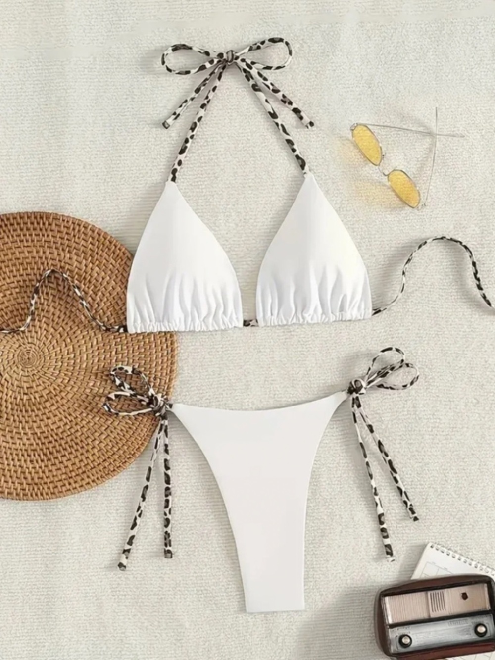 White Triangle Leopard Trim Bikini Set